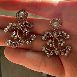 Chanel Classic CC Crystal Logo Tree & Pearl Drop Gold Earrings